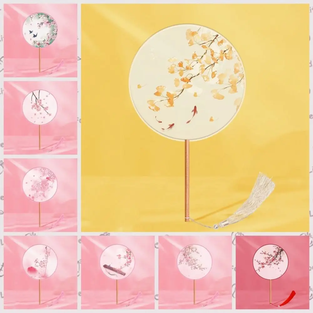 Chinese Style Round Hand Fan Ink Painting Long Handle Dance Silk Fan Ancient with Tassel Embroidery Fan for Hanfu