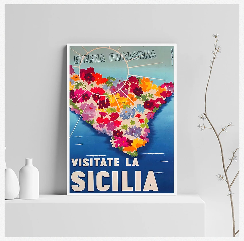 Vintage Picture Kraft Poster Coated Wall Stickers Home Decoration Gift Sicily Island Italy Orange Flower Travel Canvas Paintings