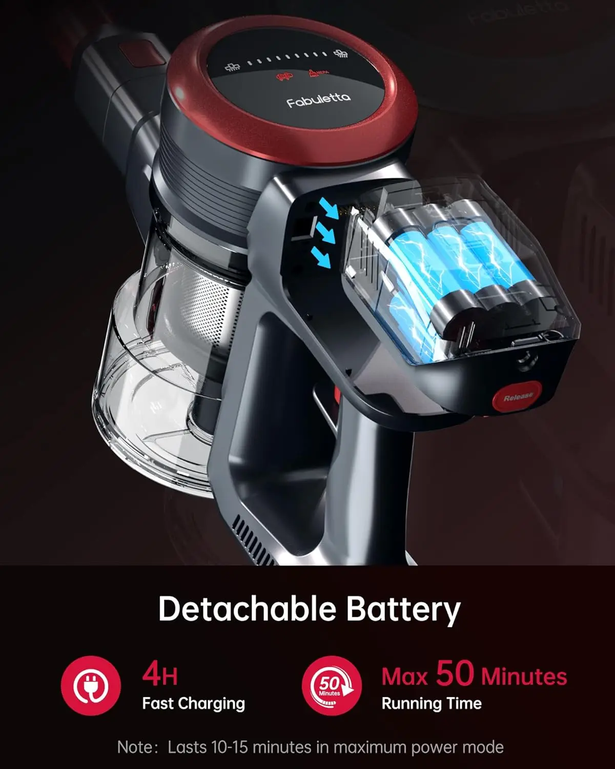 Беспроводной пылесос FABULETTA со светодиодным дисплеем, бесщеточным двигателем, максимальное время работы 50 минут со съемной батареей