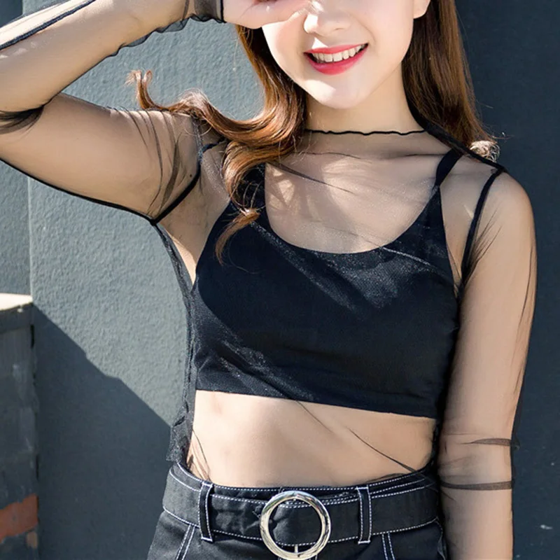 

Fashion Hot New Stylish Tops Shirt Dot Gauze Transparent Long Sleeve Mesh Pullover See Through Star Perspective