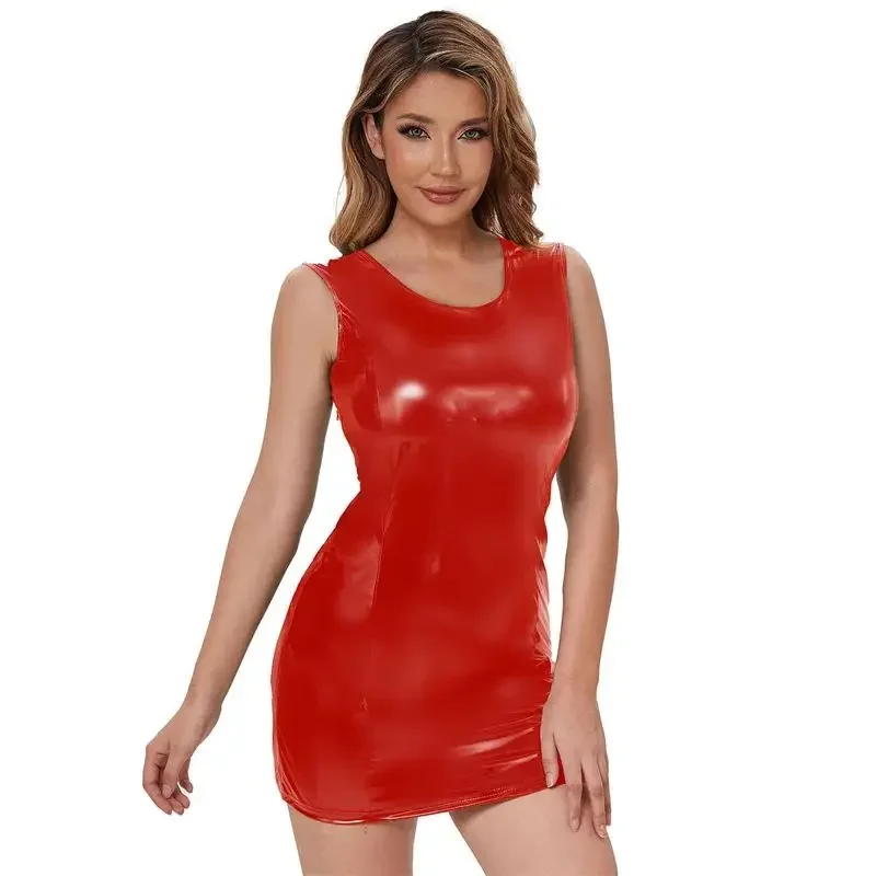 Sexy Backless Erotische Jurken Jurken Vrouwen Mouwloze Pu Leren Jurk Jurk Vrouw Nachtclub Party Slim Fit Stretch Latex Jurk