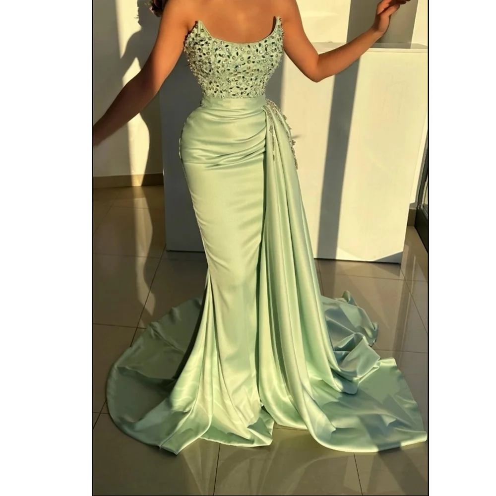 Mint Green Strapless Beaded Evening Gown – Side-Ruched Ruffled Mermaid Formal Dress (Plus-Size Customization Available)