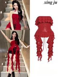 Women Group Stage Costumes Sexy Red Ruffled Lace-up Irregular Hem Strapless Tops Nightclub Dj Rave Clothes Singer Jazz Clothing