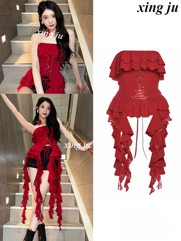 Women Group Stage Costumes Sexy Red Ruffled Lace-up Irregular Hem Strapless Tops Nightclub Dj Rave Clothes Singer Jazz Clothing