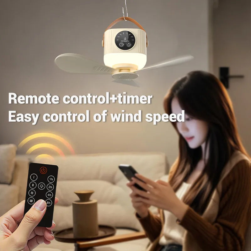 مروحة سقف للتخييم مع جهاز تحكم عن بعد مروحة خيمة خارجية قابلة للفصل USB قابلة لإعادة الشحن 4 سرعات توقيت مروحة سقف مبرد الهواء