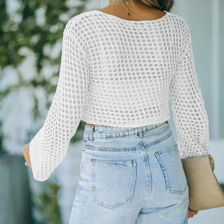 2024 Sommer neue europäische und amerikanische Strickwaren Flare Ärmel lose Rundhals Hohl pullover für Frauen SFC44-3