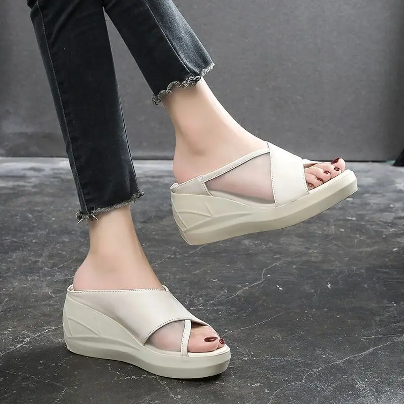 2023 Summer New Thick Sole Slope Heel Fish Mouth Sandals for Women\'s Outwear Simple and Comfortable Slippers for Women