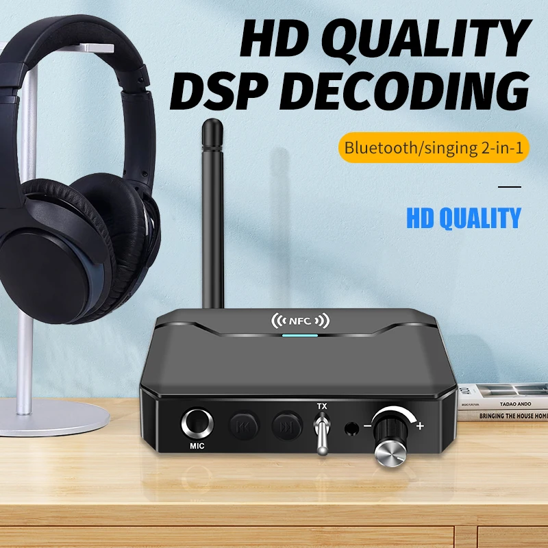 Многофункциональный NFC Bluetooth 5.3 аудио передатчик приемник HiFi стерео беспроводной адаптер 3,5 мм AUX/RCA/USB/TF/коаксиальный/6,5 мм микрофон караоке U-диск