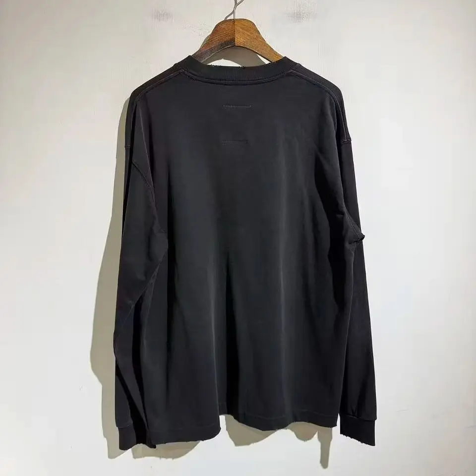 American Vintage Washed Distressed Long Sleeve Tee Men Women Loose Figure Print Rock Street Casual Top