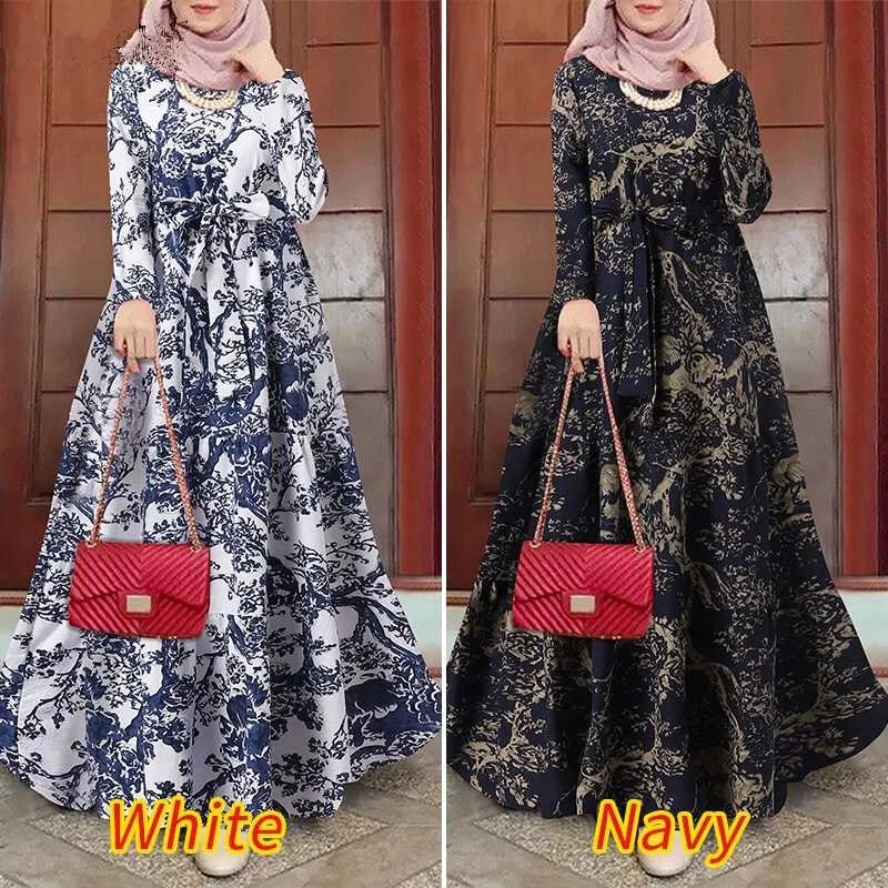 

Muslim Abayat Retro Fashion Print Abaya Femme Waist Large Skirt Long Dress for Europe, America, Middle East, Arabia