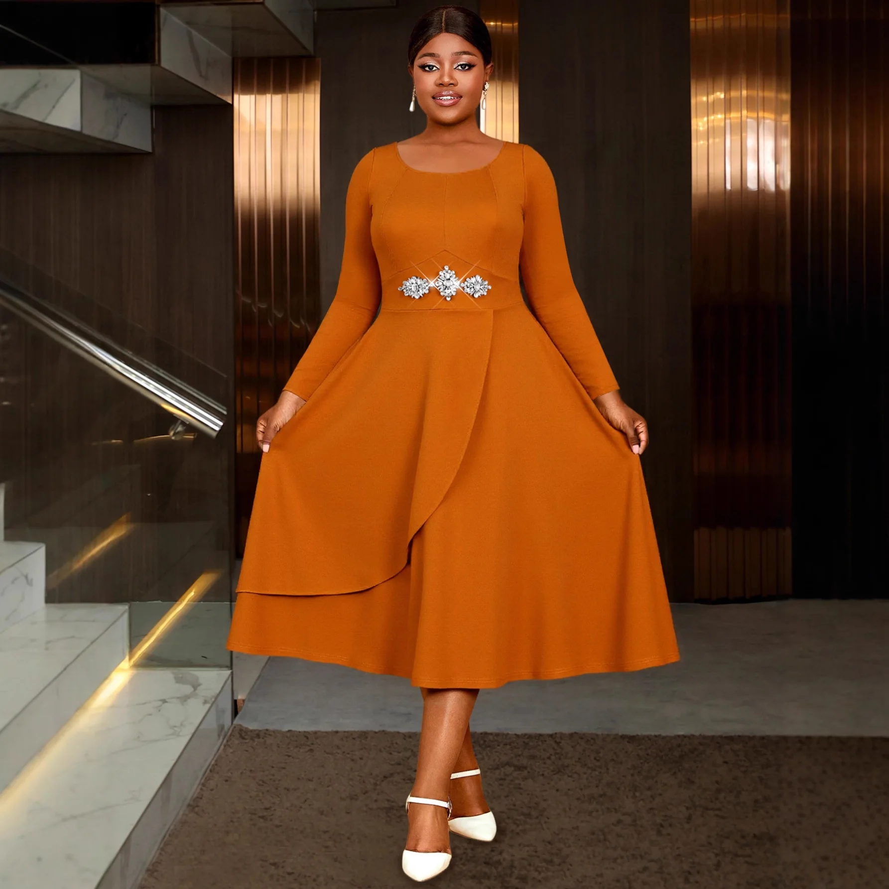 

African Dresses for Women Ship Collar Long Sleeves Pleated Diamond Waist Ornament Party Church Office Lady Gowns Africa Clothing