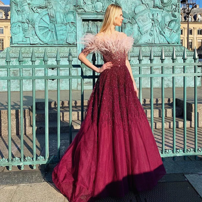 L397 Hot Sale off the Shoulder Dark Red Beaded Feathers A-line فساتين السهرة vestidos de fiesta  فساتين سهره evening dresses