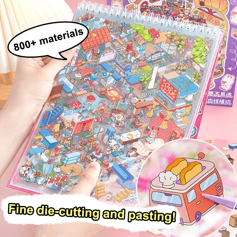 1Set Plus Size Cartoon Scenes Book Landscape Sticker DIY Toy Game Books 3D Sticker Cabin Scene Pocket Festival Birthday Gift