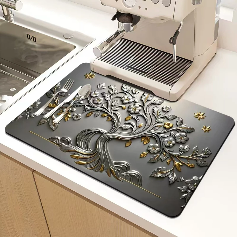 VIKAMA Kitchen Drain Mat Grey Embossed Silver Floral Mountain Pattern Kitchen Counter Mat Highly Absorbent Fast Drying Anti Skid