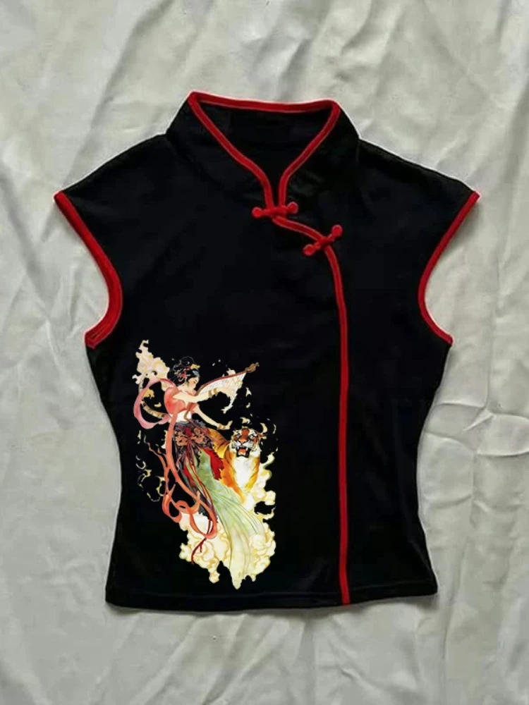 Niche Design Casual Slim Cheongsam Collar Short Sleeved Top New Chinese Style Aesthetics Printed Buckle T-shirts For Spicy Women