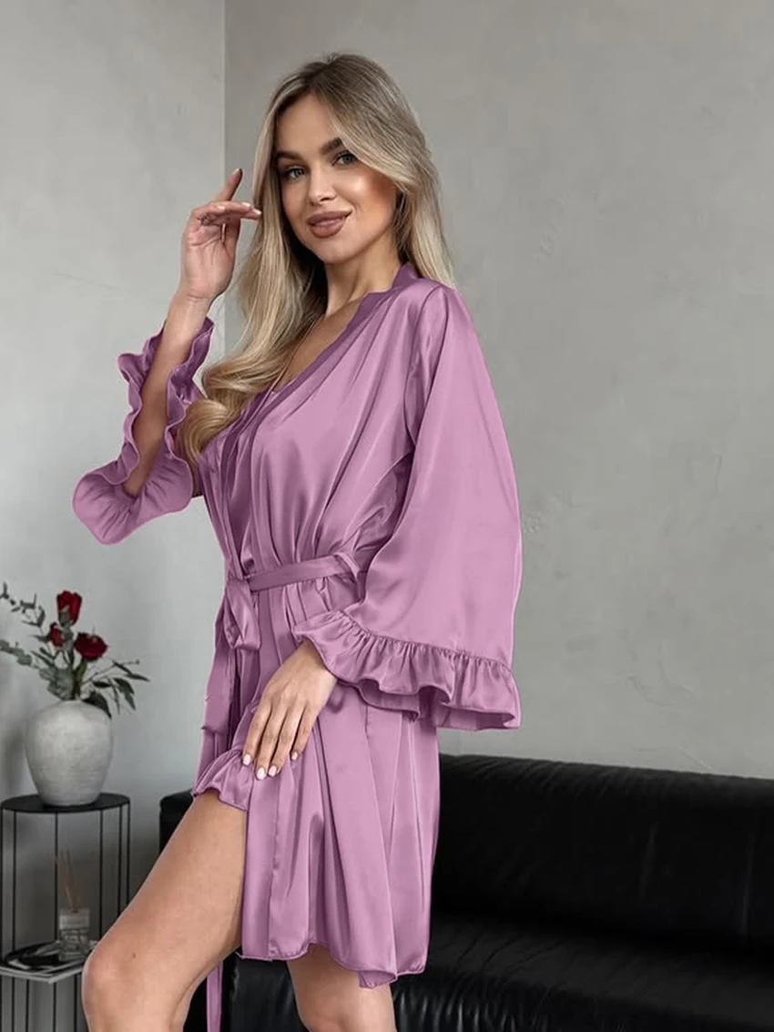 Marthaqiqi Loose Women Sleepwear Suit V-Neck Bathrobe Long Sleeve Pajama Tank Tops Nightgown Shorts Casual Nightwear 3 Piece Set