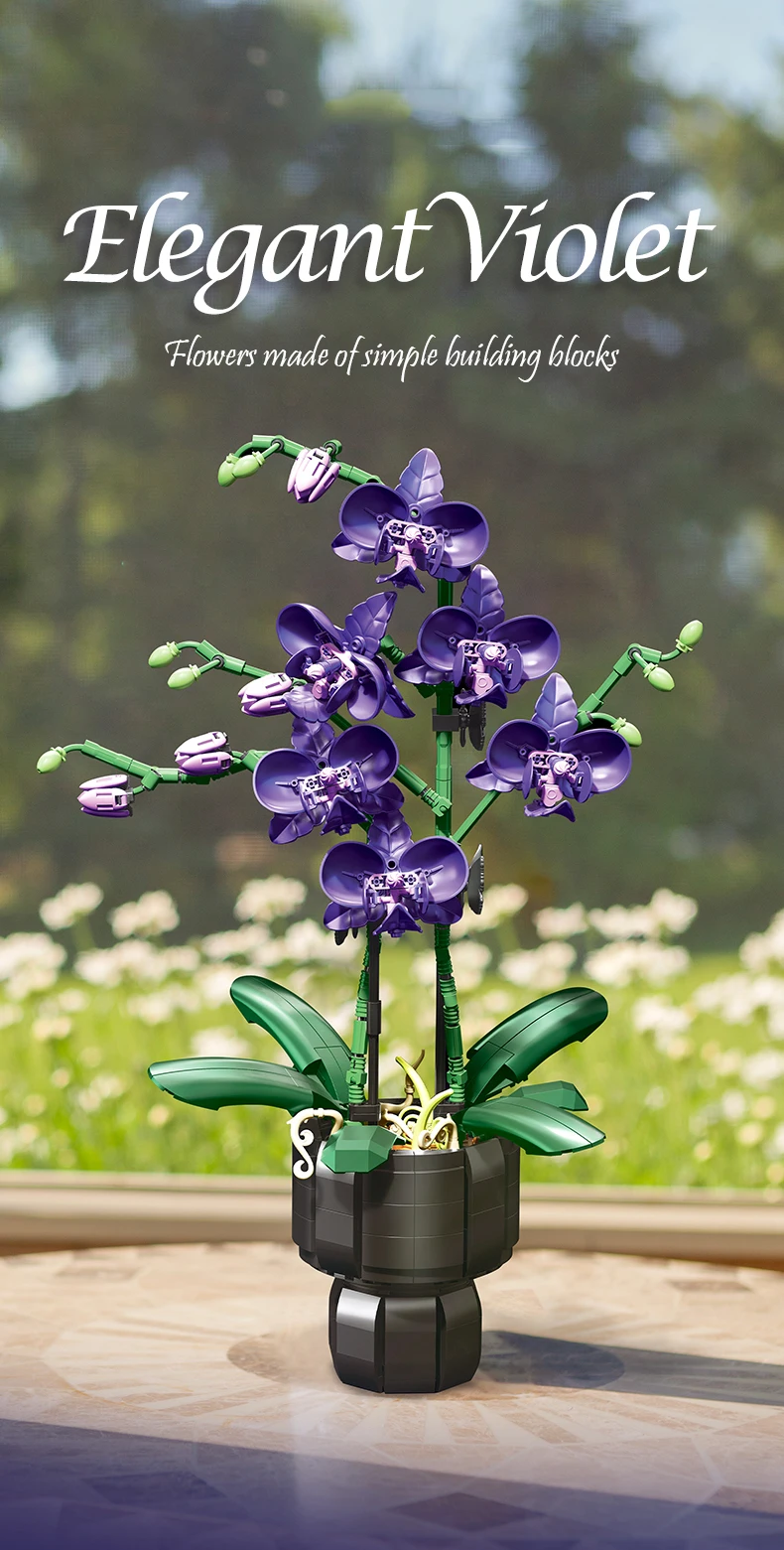 Kreativer Orchideen-Blumenstrauß, Blumen im Topf, Bausteine, unsterbliche Blume, Heim- und Schreibtischpflanzen-Dekoration, zusammenbaubares Baustein-Spielzeug, Geschenk für Teenager. – Detail 23