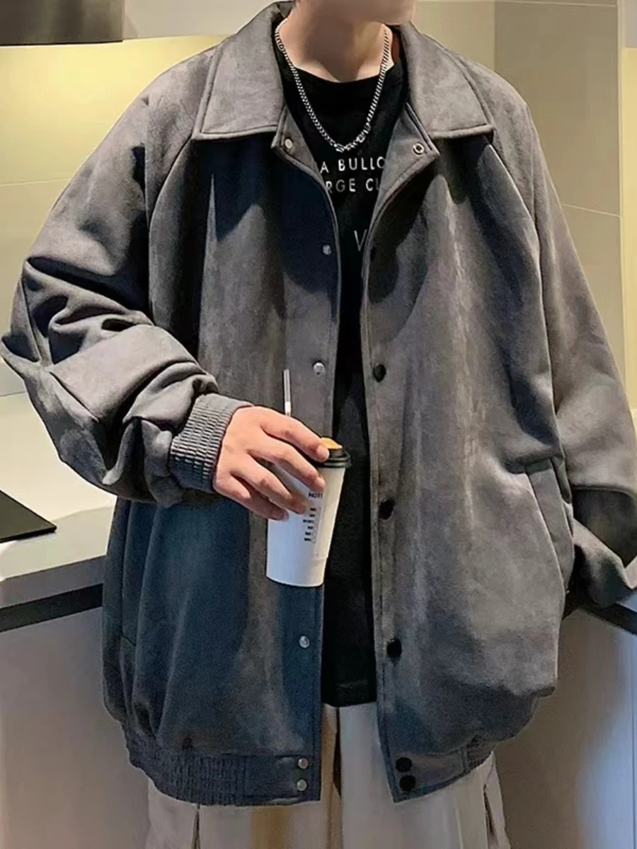 

Men's Suede Jaet Autumn Winter Loose Casual Lapel Trendy American Retro Sle Polyester Fabric Anti-Wrinkle Treaent