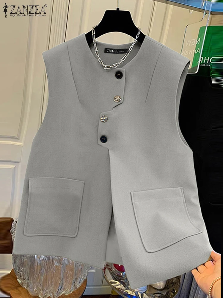 ZANZEA Causale Mouw Jassen Vrouwen Effen Kleur Ronde Hals Vesten Knop Woon-werkverkeer Losse Zak Jassen Elegant Kantoor Vest