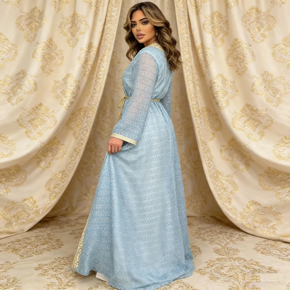 

Muslim Ramadan Satin Mesh Beading Sequins Embroidery Ethnic Belted Dresses Fashion Moroccan Kaftan Women Jalabiya Party Outfits