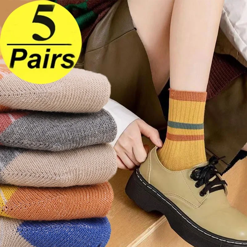 

5Pairs Colorful Striped Socks Winter Women Girls Cute Cotton Middle Tube Socks Soft Breathable Casual Socks Fashion Accessories