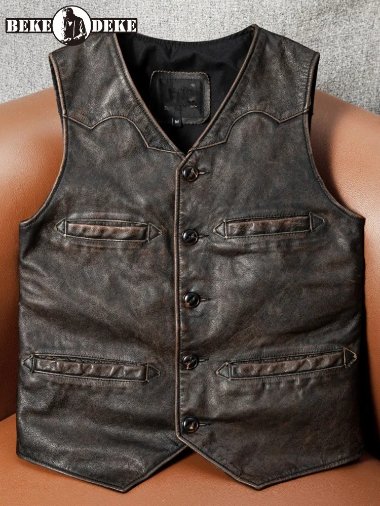 Solid Color Handmade V-Neck Genuine Leather Vest Slim Single Breasted Pocket Cowhide Male Sleeveless Outerwear