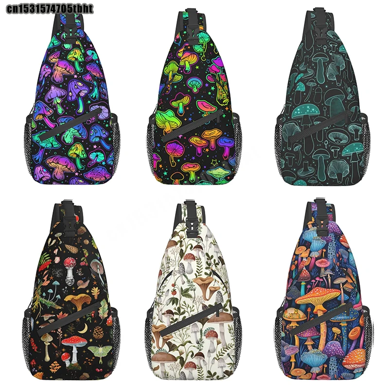 Bright Psychedelic Mushrooms Sling Bag Women Men Backpack Crossbody Bag Travel Hiking Casual Sport Climbing Runners Daypack