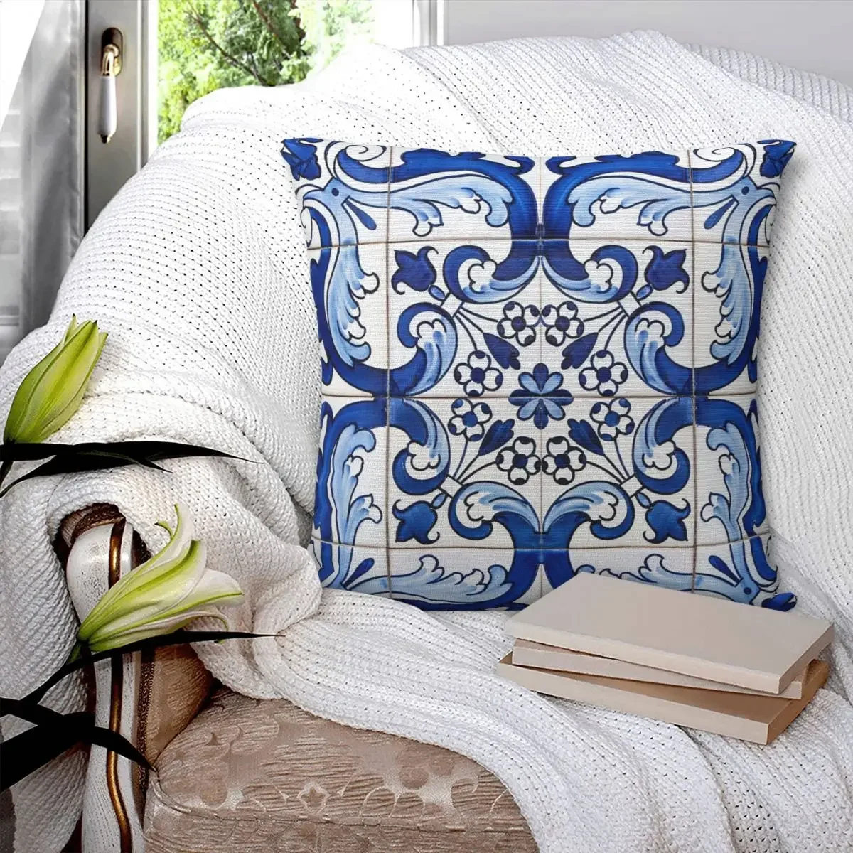 Antique Classic Lisbon Blue Azulejo Tile Floral Pattern Pillowcase Cushion Comfort Throw Pillow Sofa Decorative Cushions Used