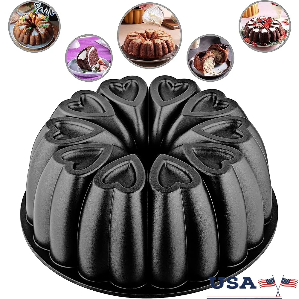 

Heart Shape Aluminum Cake Pan Titanium Coating Non-Stick 12 Cups Heavy Duty Gifts Mom Bundt Cake Pan 10 Inch Baking Mold Cast