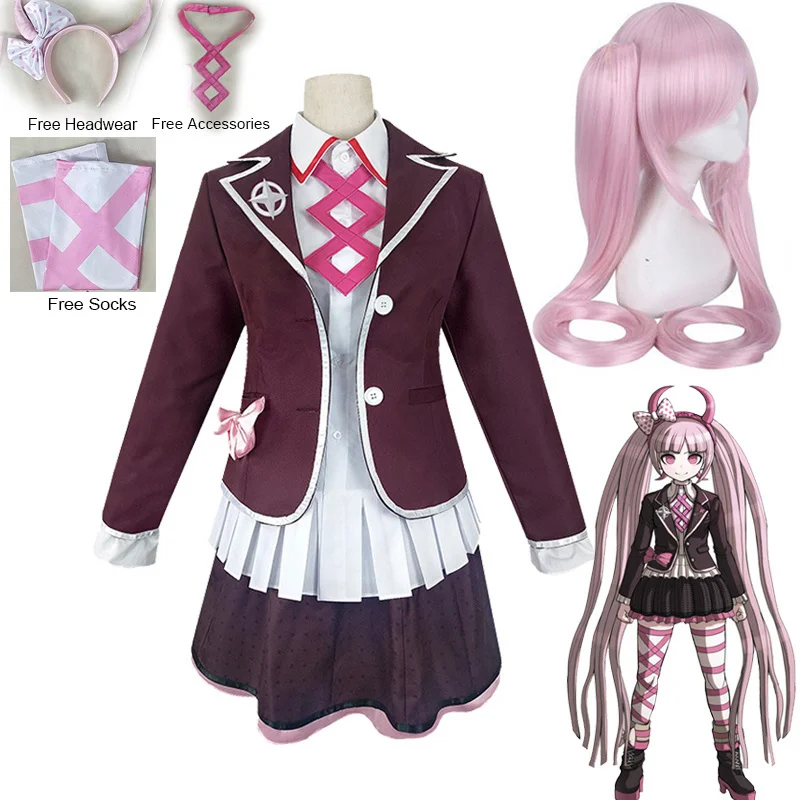 

Costume Utsugi Kotoko Cosplay Wig and JK Uniform Danganronpa Another Episode Pink Long Hair Halloween Woman Party Clothes