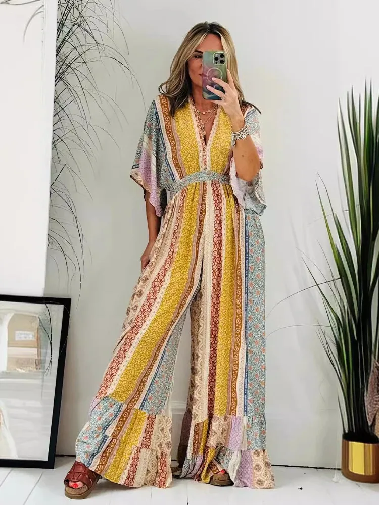 Kombinezon damski Bohemian Print V-Neck Jumpsuit Oddychający letni jesienny kombinezon Romper Spodnie z szerokimi nogawkami Damski luźny zestaw z