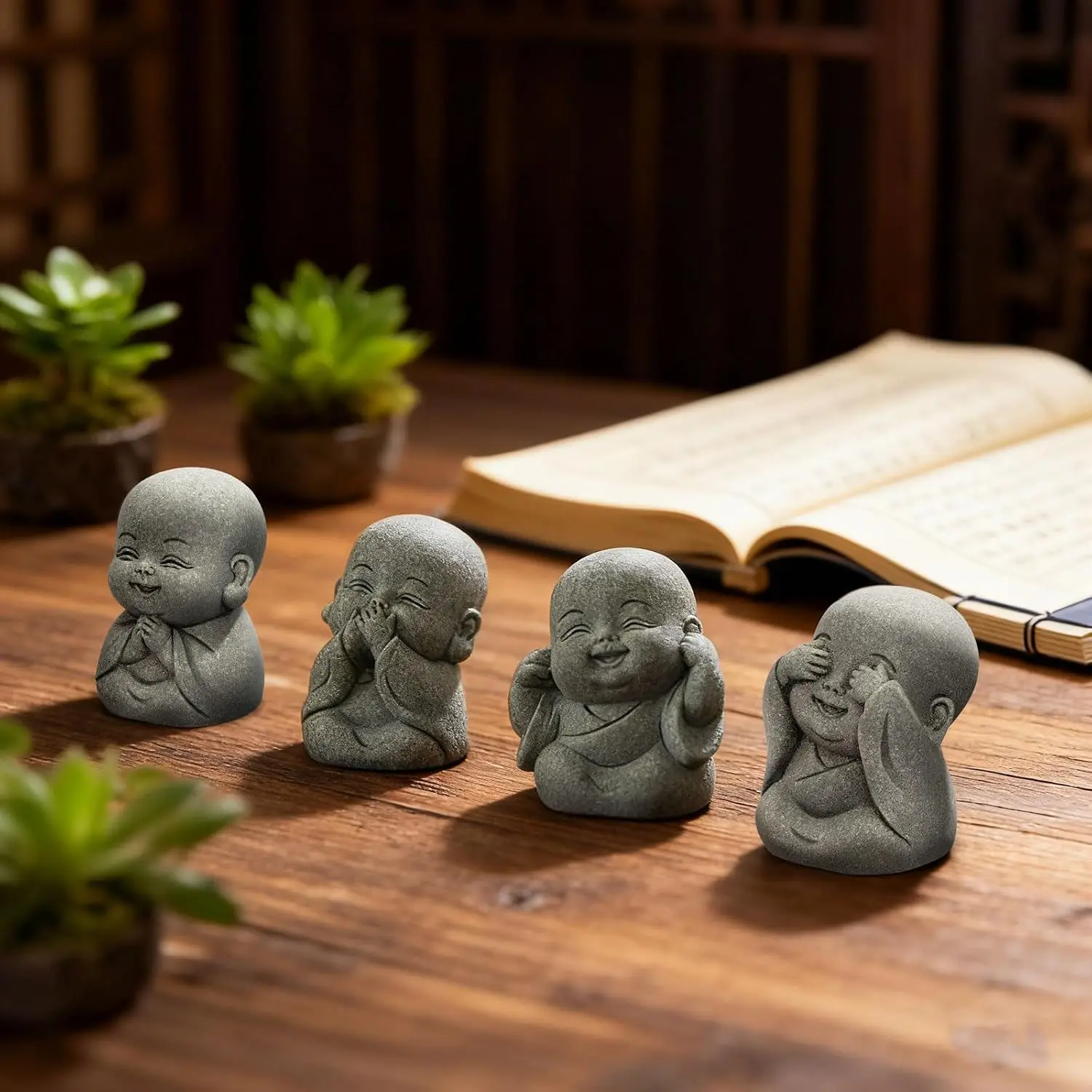 Image 5: Ensemble de 4 statues de Bouddha pour bébé, mini moine zen de 2 pouces, Bouddha en grès pour décoration de bureau, Bouddha souriant pour la chance, tableau de bord de voiture
