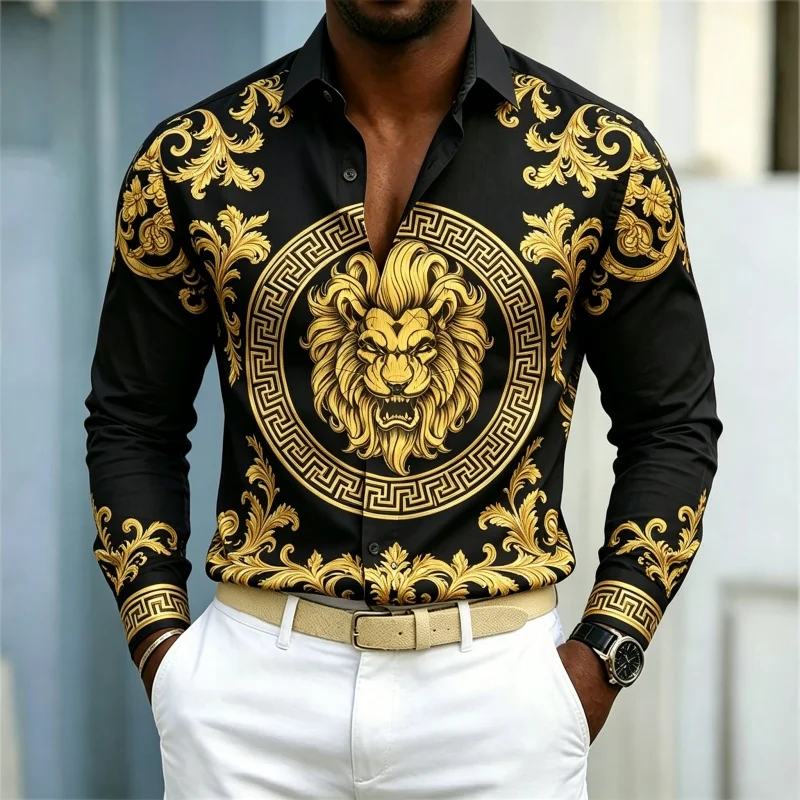 Men's shirt Baroque lion print long sleeved shirt light luxury black gold print business casual top street trend men's shirt