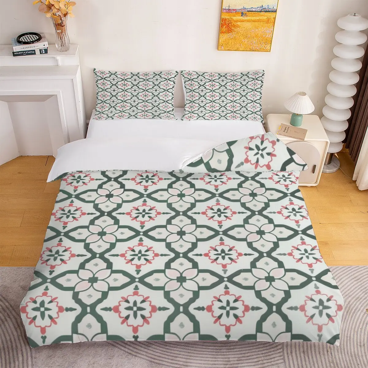 Octagonal check  Duvet size  peach blossom pattern  Printed duvet cover 3-piece set with 2 pillowcases