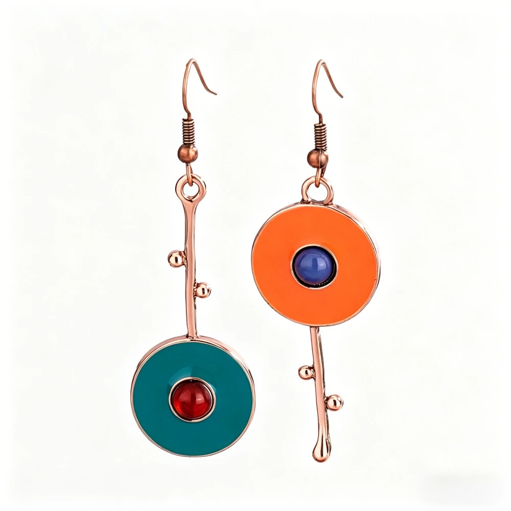 Boucles d'oreilles rondes géométriques asymétriques en émail coloré pour femmes (disponibles en deux tailles) style bohème, rétro et ethnique western