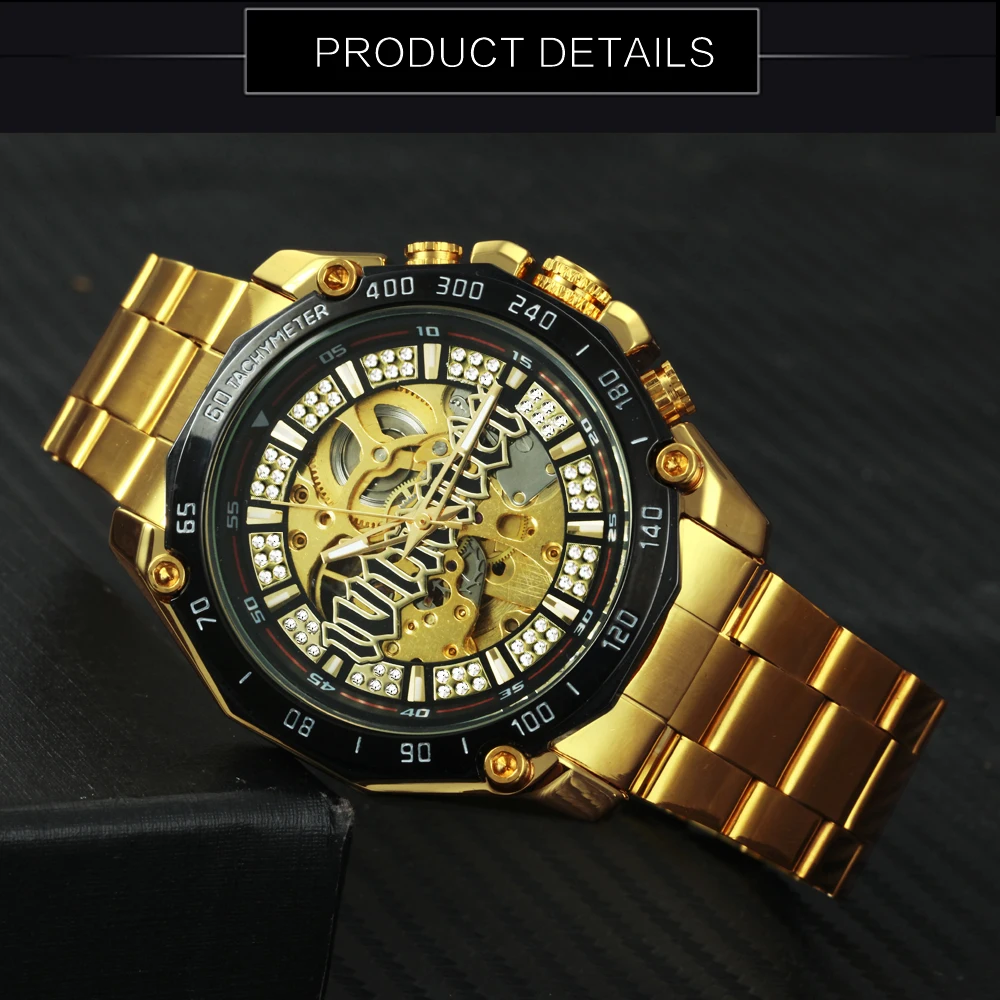 WINNER Military Gold Automatic Watch for Men Luxury Brand Iced Out Skeleton Mechanical Watches Luminous Hands Stainless Steel