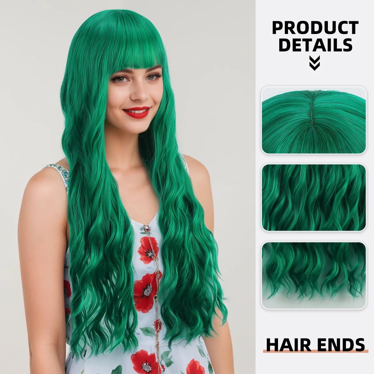 غرة أوروبية وأمريكية، شعر مجعد طويل، شعر طويل مموج بالماء الأخضر، غطاء رأس كامل من الألياف الاصطناعية