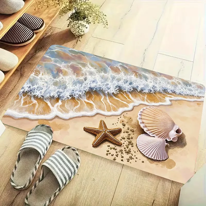 Seaside Wave Starfish Seashell Door Mat Non Slip Quick Dry Floor Rug Ocean Beach Scenery Print Entrance Carpet For Entryway