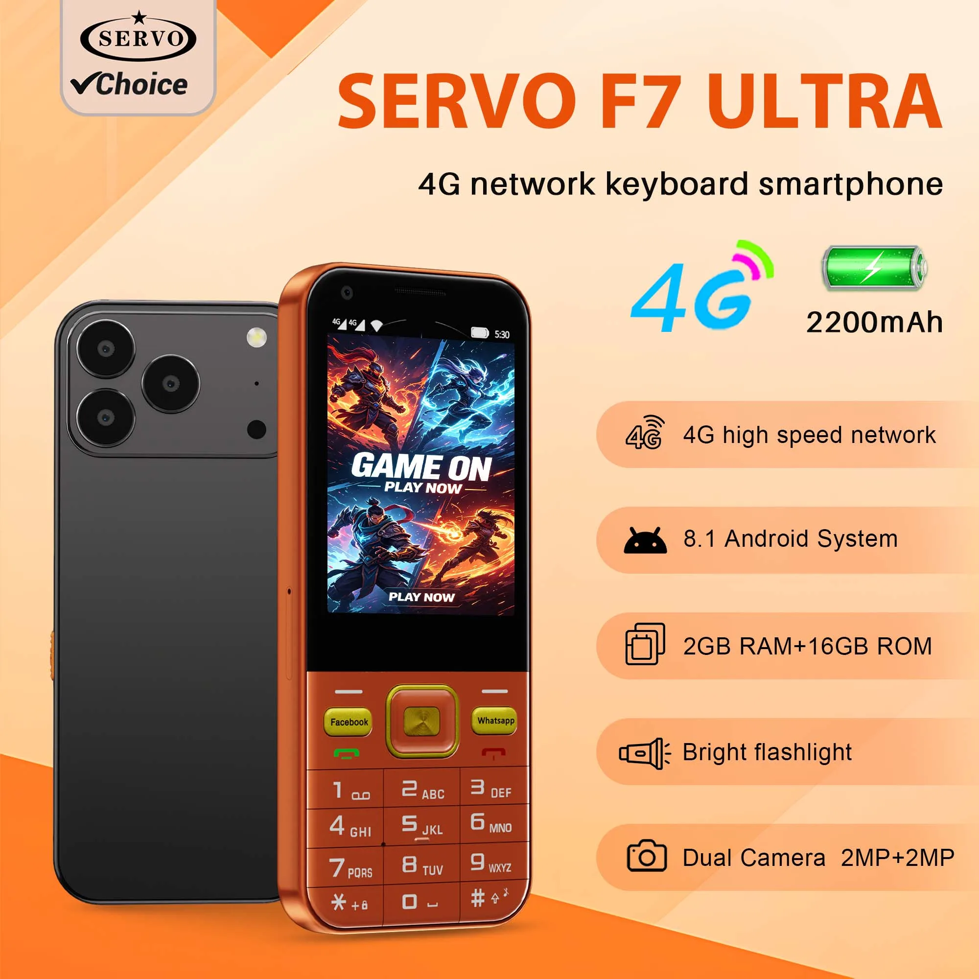 

SERVO F7 Ultra Android Touch Screen Smartphone 4G LTE Dual SIM 2MP Camera Flashlight 2GB+16GB Play Store WIFI 2.8" Button phone