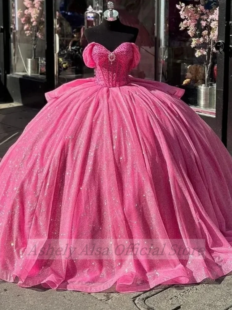 Vestido de fiesta de cumpleaños para niñas fucsia personalizado con hombros descubiertos y cuentas con cordones Vestido de baile Ropa de graduación Vestido 15 16 Vestido para quinceañeras