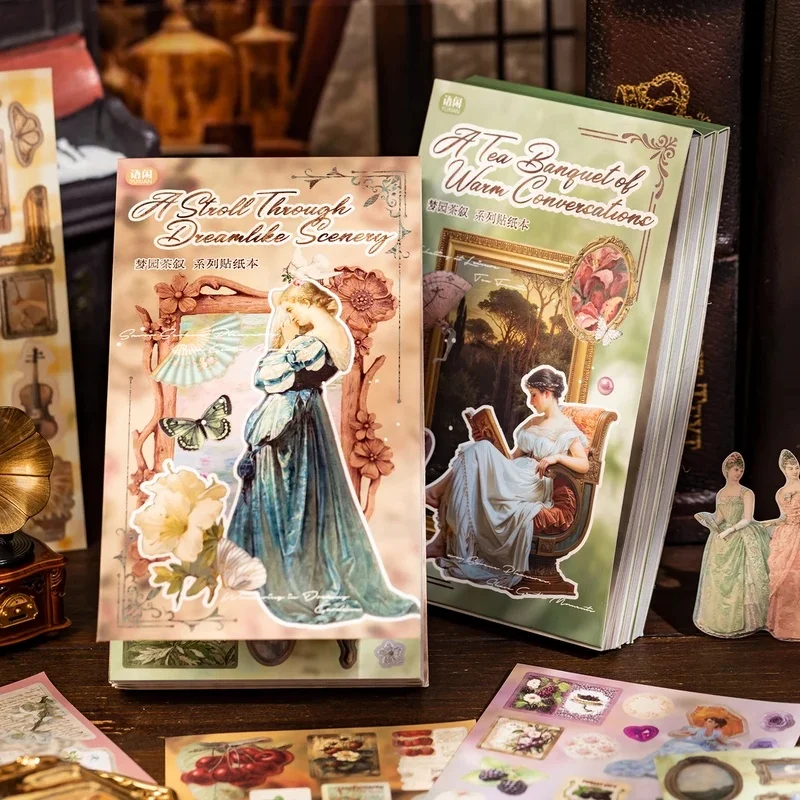 20Pcs Vintage European Lady Coated Paper Sticker Book, Retro Oil Painting Figure Floral Decals for Junk Journal Collage