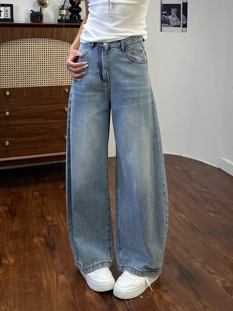 High Waist Wide Leg Blue Embroidered Loose Fit Casual Straight Jeans Women plus Size Comfortable Drapey A-Line Knife  Pants
