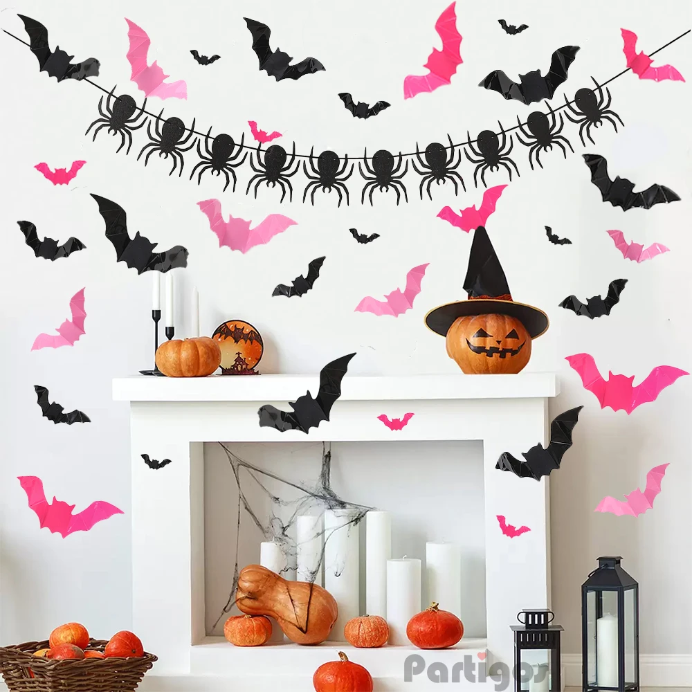 

New 3D Black Bat Sticker PVC Rose Red Horror Bat Wall Sticker Home Window Outdoor Lawn Yard Scary Props Halloween Party Decor