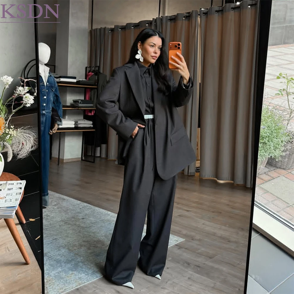 Oversized Solid Color Women's Suits Fashion One-Button Wide Leg Trousers Festival Fashion 2 Piece Jacket Pants Outfits Costume