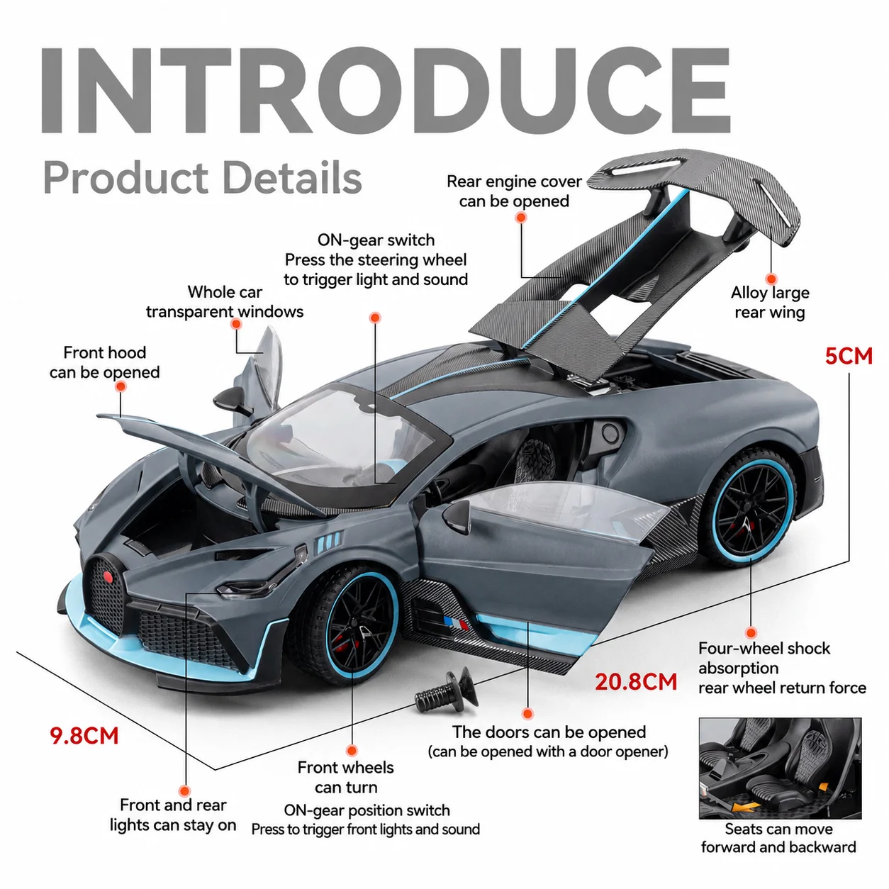 KMM 1:24 Luxury Sports Car Alloy Diecast Model with Sound, Light, Pull-back Function, Ideal gift for Car Model Collectors