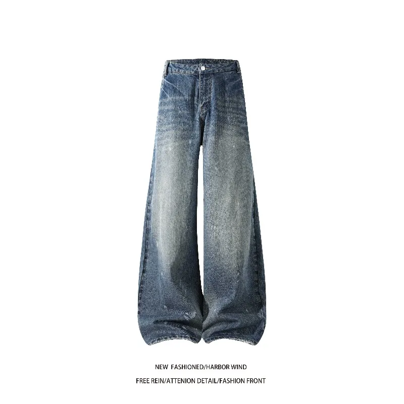 Men's American Vintage Washed Denim Jeans – Distressed Ink Splash Curved Leg Pants, High-Street Hip Hop Trousers (Blue)