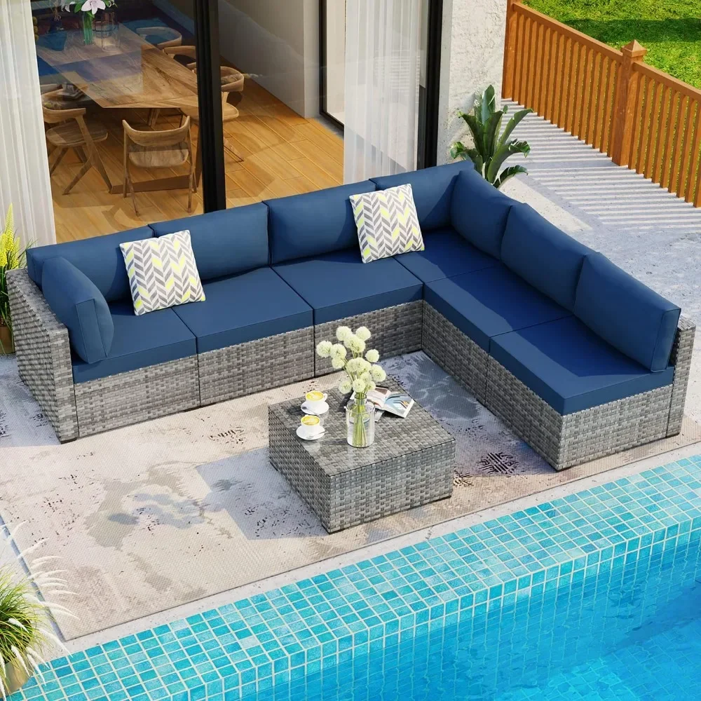 

7 Pieces Outdoor Patio Sectional Sofa Couch, Silver Gray PE Wicker Furniture Conversation Sets with Washable Cushions