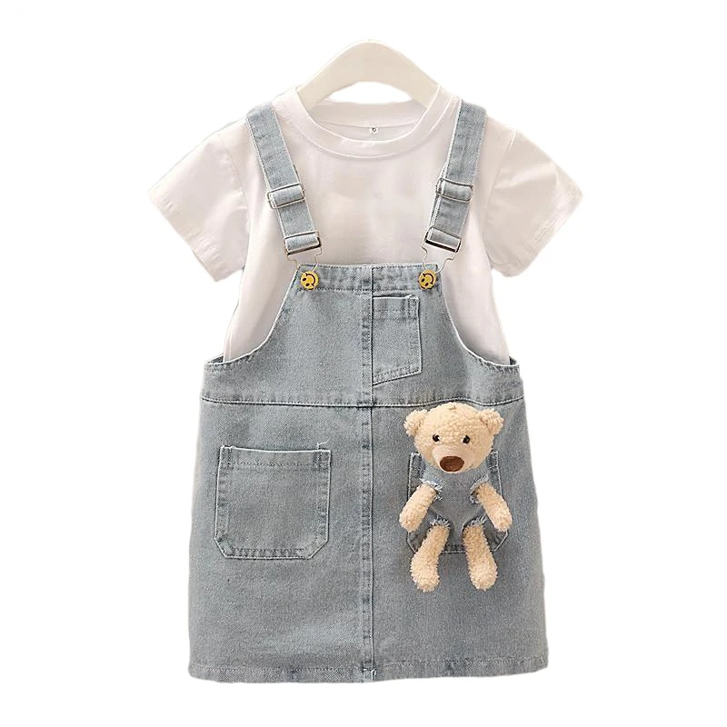 2023 Girl Denim Suspender Skirt with Teddy Bear Summer Children Clothes Kids Pink Skirt for Girls Jeans Overalls 2-10Y