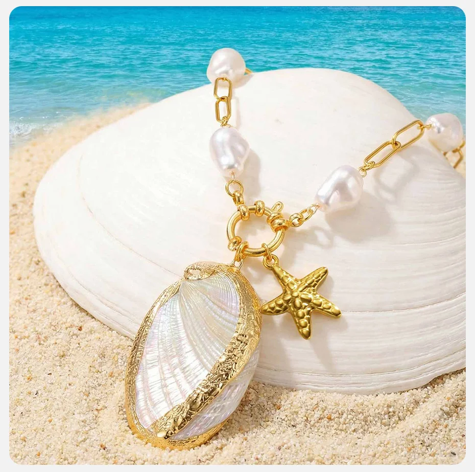 Vnox Ozean-Themen Vergoldete Imitationsperlen Abalone Seestern Anhänger Halskette für Damen, Vintage Urlaubsschmuck – Detail 5