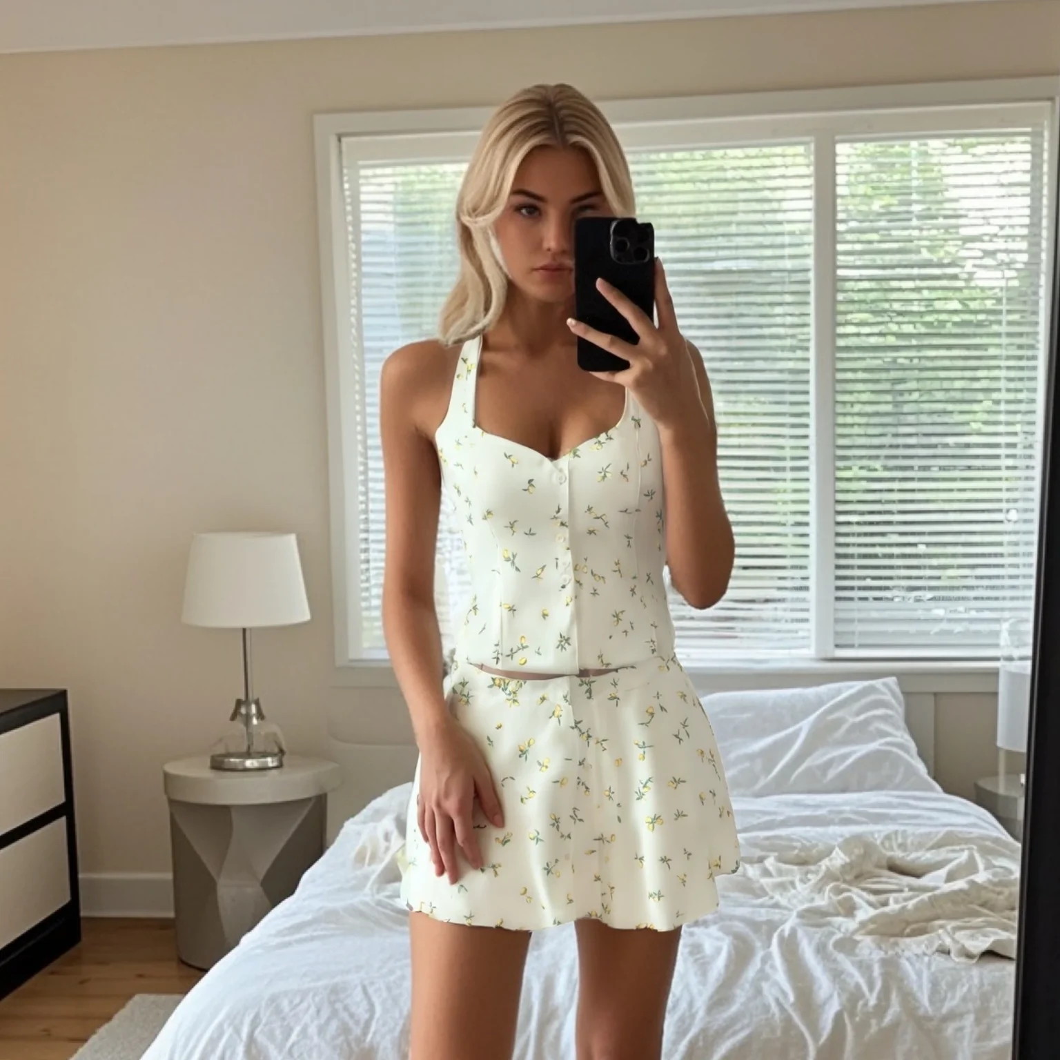 2025 New Arrival Women's Set Halter Neck Top with Bow Detail Matching Printed Skirt for Casual Summer Look